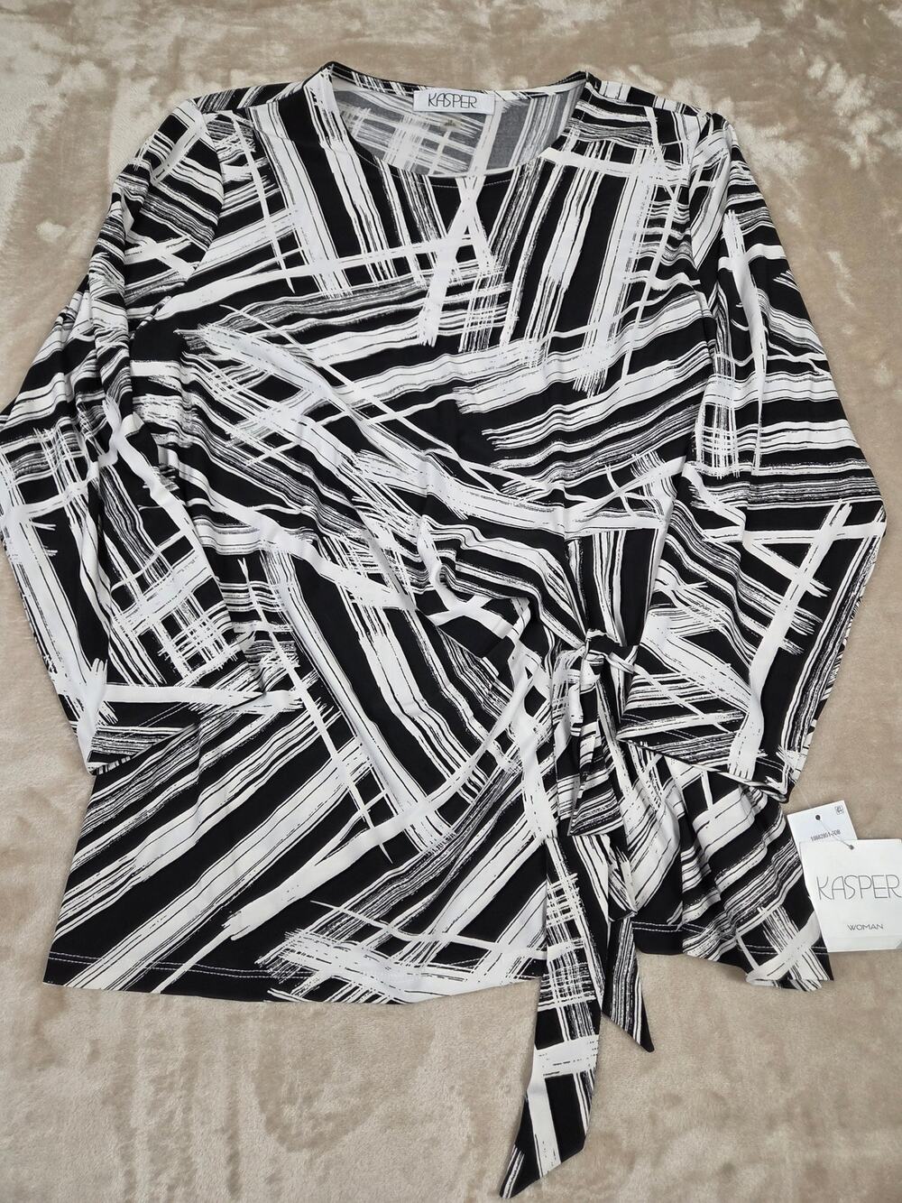Kasper Black and White Abstract Print Side Tie 3/4 Sleeve Top